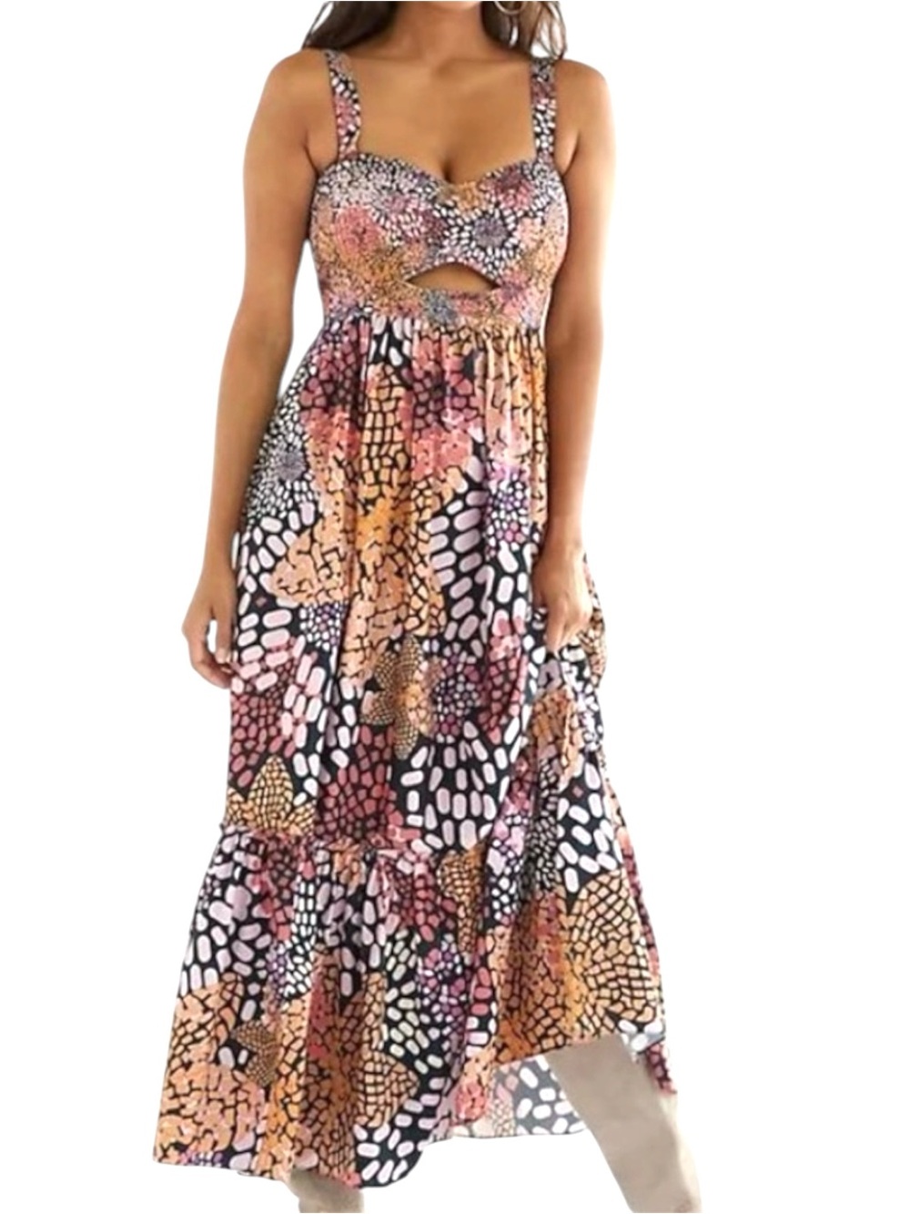 Anthropologie Geisha Designs Smocked Maxi Dress Size Medium Tiered Cutout Multi